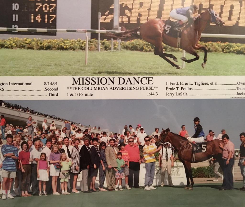 Mission Dance winner's circle photo with Amanda DaBruzzo in the front-left in white skirt and pink top. (Sarah DeLong/Mission Dance Farm)